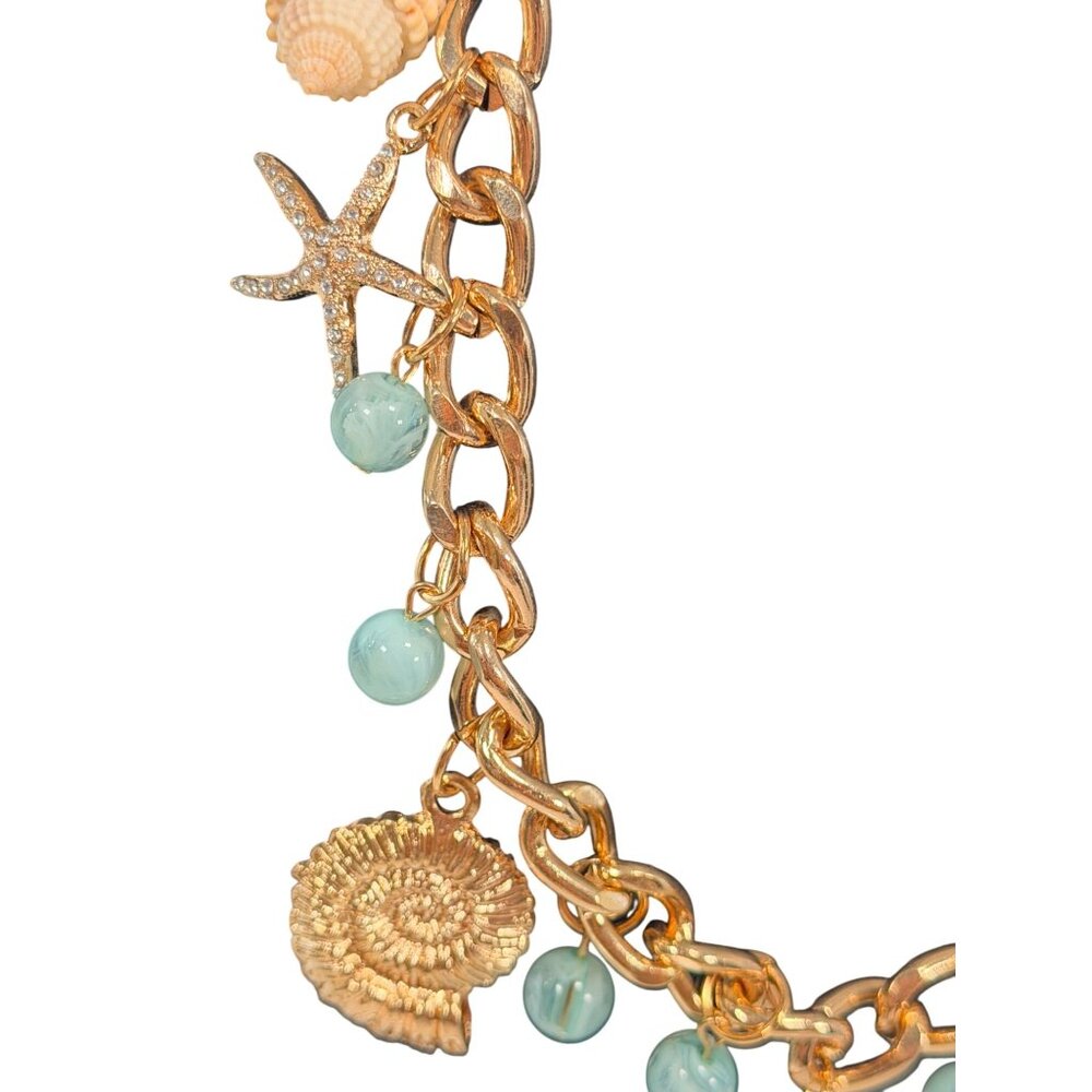 Gold Tone Mermaid Seashell Starfish Chunky Chain Charm Necklace With Aqua Beads - Picture 3 of 6